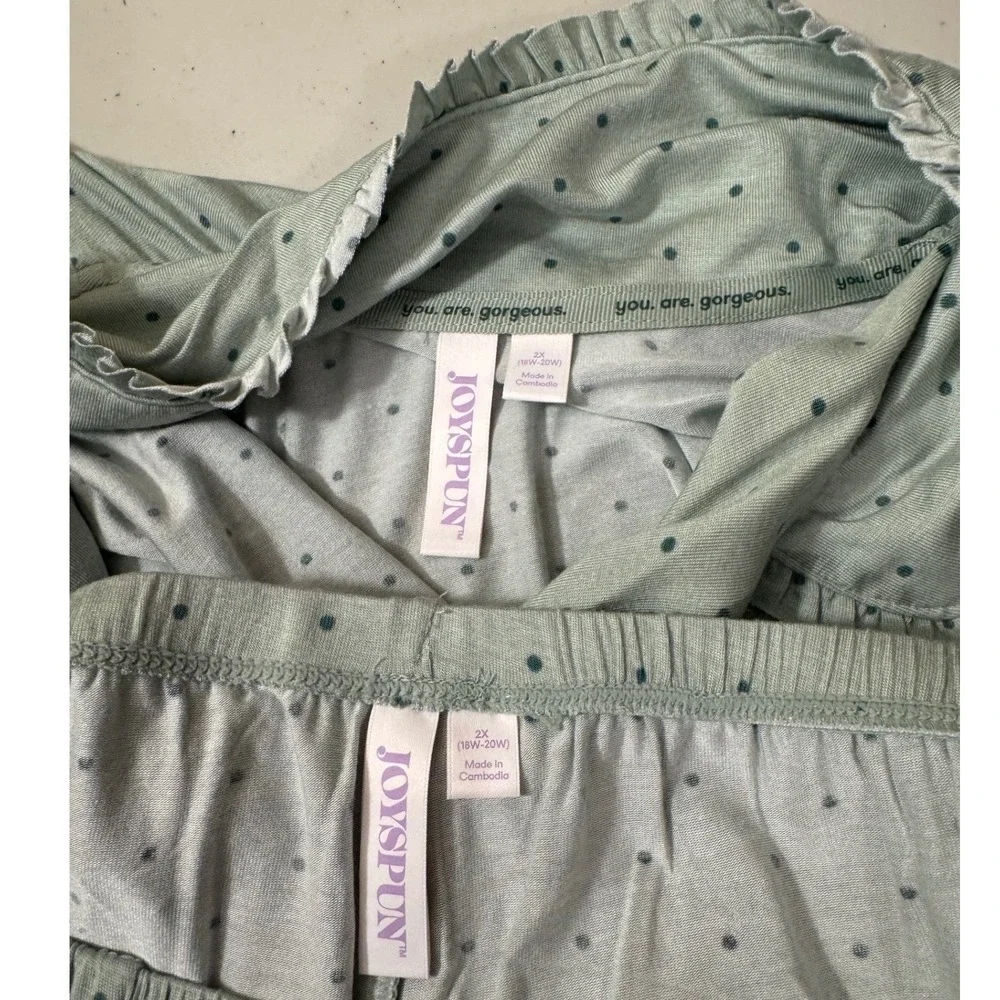 Joyspun Pajama Set Women 2X Green Polka Dot Ruffle Trim 2pc Modal NEW